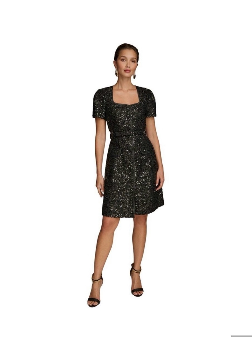 Donna Karen Black Sequin Short-Sleeve Belted Dress Size 2 NWOT